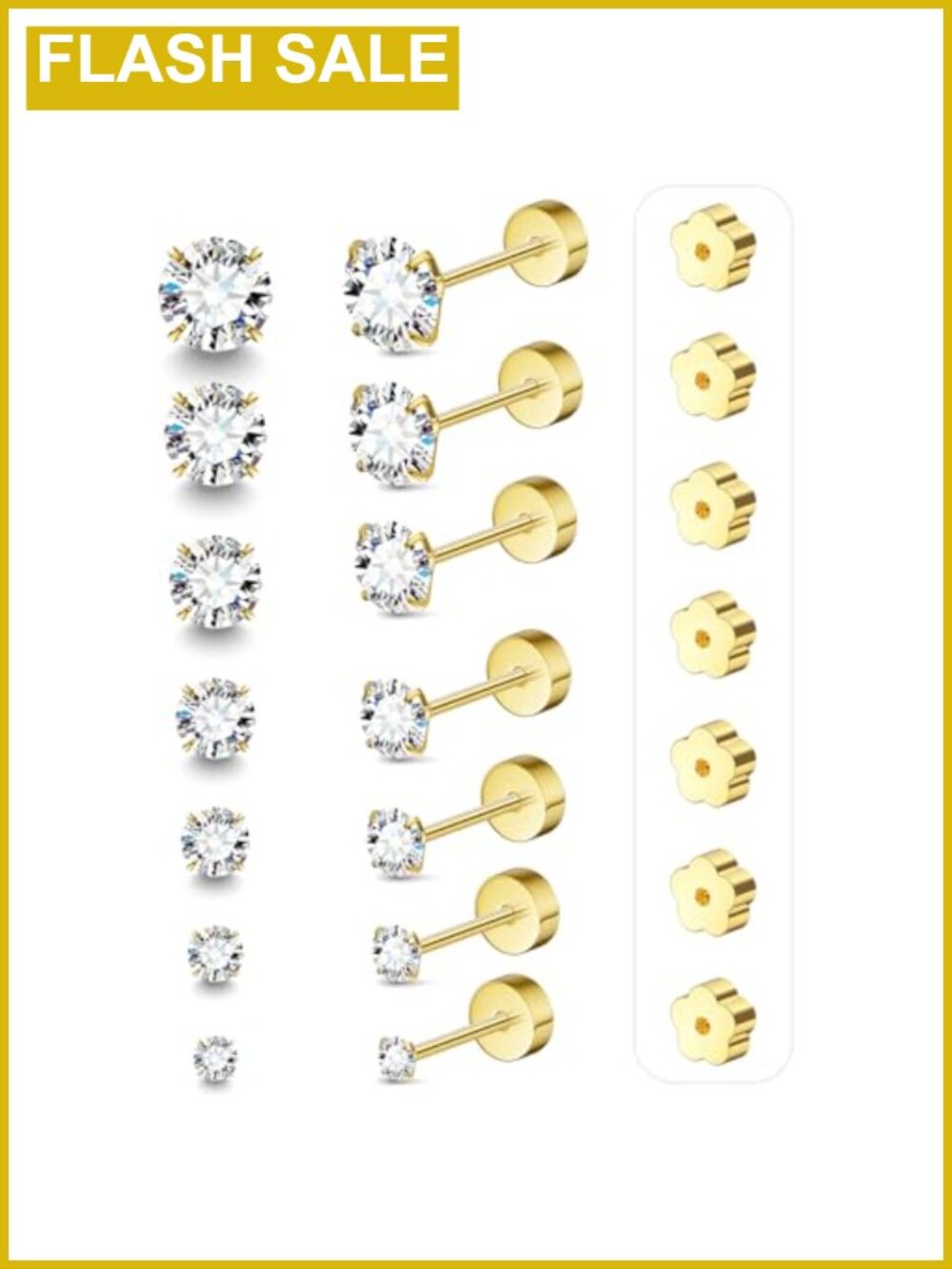 7 Pairs Flat Back Stud Earrings Hypoallergenic Surgical Steel Set